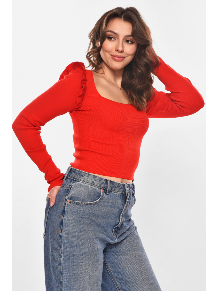 Кофта женская с рюшами однотонная красного цвета 6681 210180C
