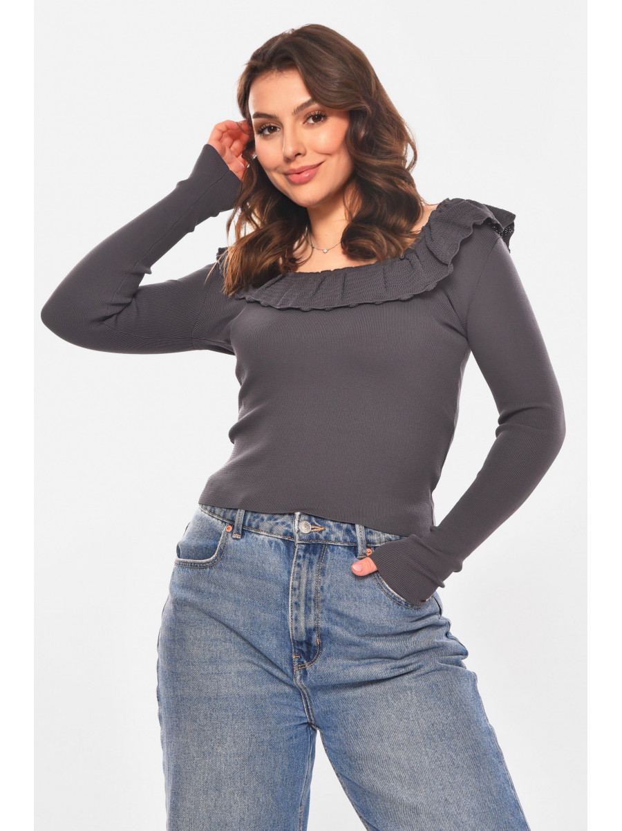 Кофта женская с рюшами однотонная тёмно-серого цвета 7141 210182C