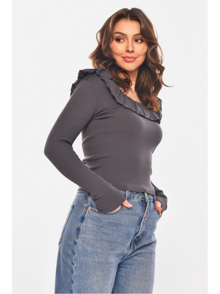 Кофта женская с рюшами однотонная тёмно-серого цвета 7141 210182C