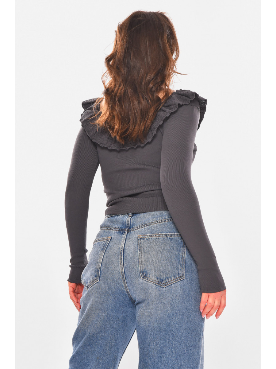Кофта женская с рюшами однотонная тёмно-серого цвета 7141 210182C
