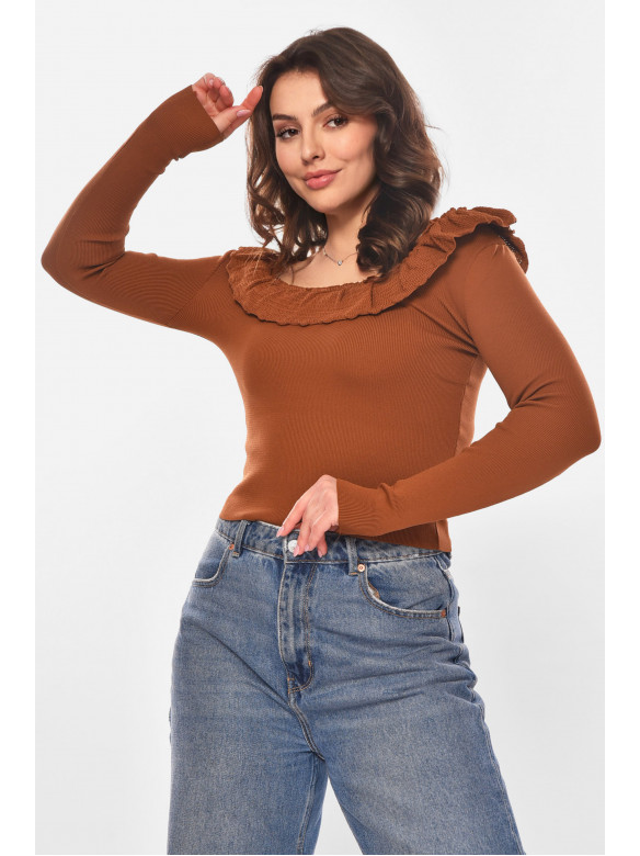 Кофта женская с рюшами однотонная коричневого цвета 7142 210187C