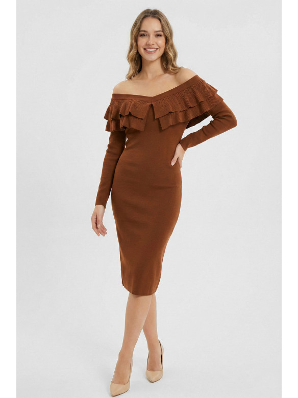Платье женское с рюшами коричневого цвета 7084 210209C