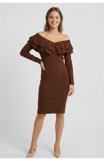 Платье женское с рюшами шоколадного цвета 7088 210211C Платье женское с рюшами шоколадного цвета 7088 210211C