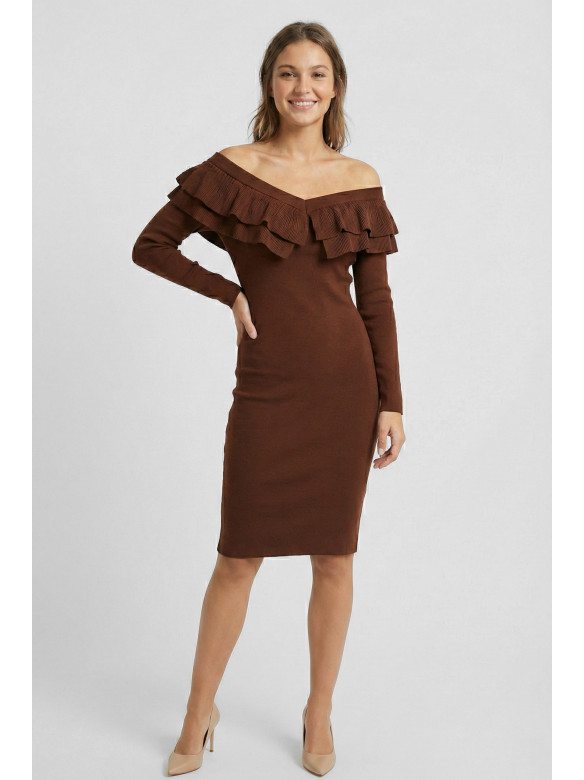Платье женское с рюшами шоколадного цвета 7088 210211C