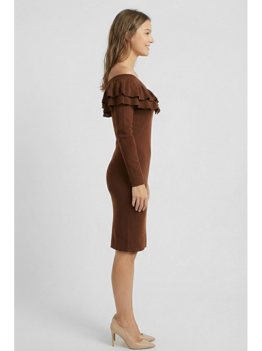 Платье женское с рюшами шоколадного цвета 7088 210211C