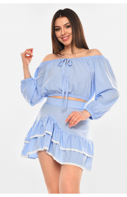 Костюм женский однотонный с рюшами голубого цвета 210272C Костюм женский однотонный с рюшами голубого цвета 210272C