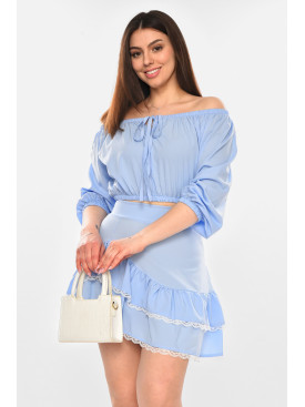 Костюм женский однотонный с рюшами голубого цвета 210275C