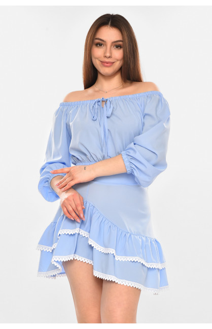 Костюм женский однотонный с рюшами голубого цвета 210276C Костюм женский однотонный с рюшами голубого цвета 210276C
