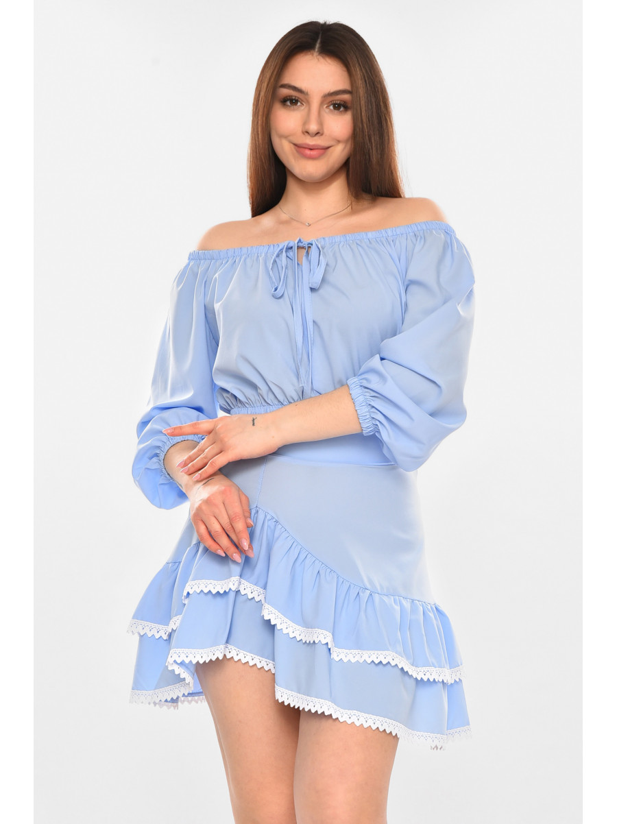 Костюм женский однотонный с рюшами голубого цвета 210276C