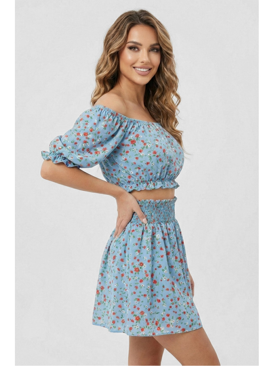 Костюм женский голубого цвета с цветочным принтом 6410 210286C