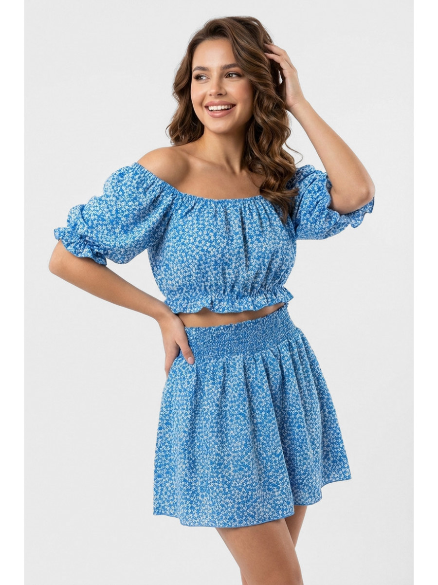 Костюм женский голубого цвета с цветочным принтом 6409 210287C