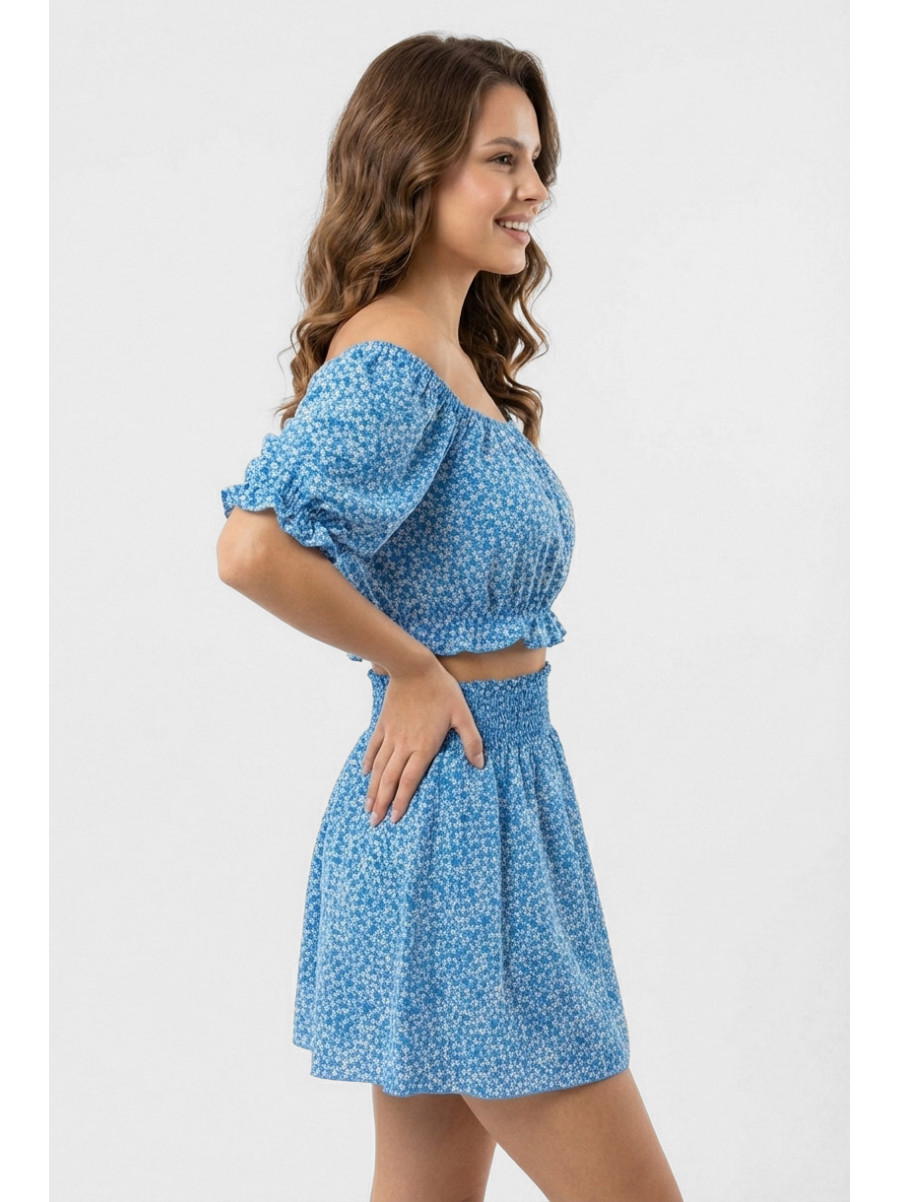 Костюм женский голубого цвета с цветочным принтом 6409 210287C