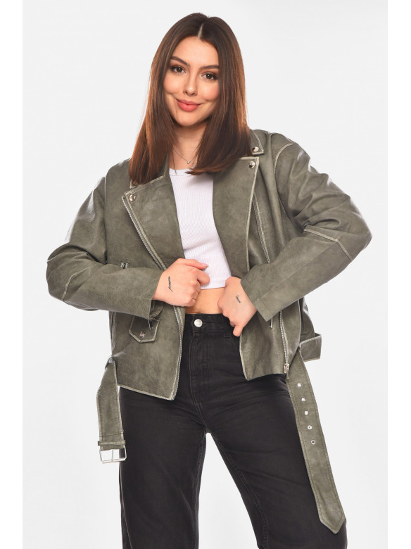 Куртка жіноча демісезонна еко-шкіра кольору хакі 3507-3 210427C