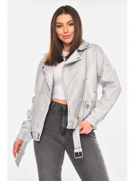 Куртка-косуха жіноча демісезонна еко-шкіра сірого кольору 2358 210521C