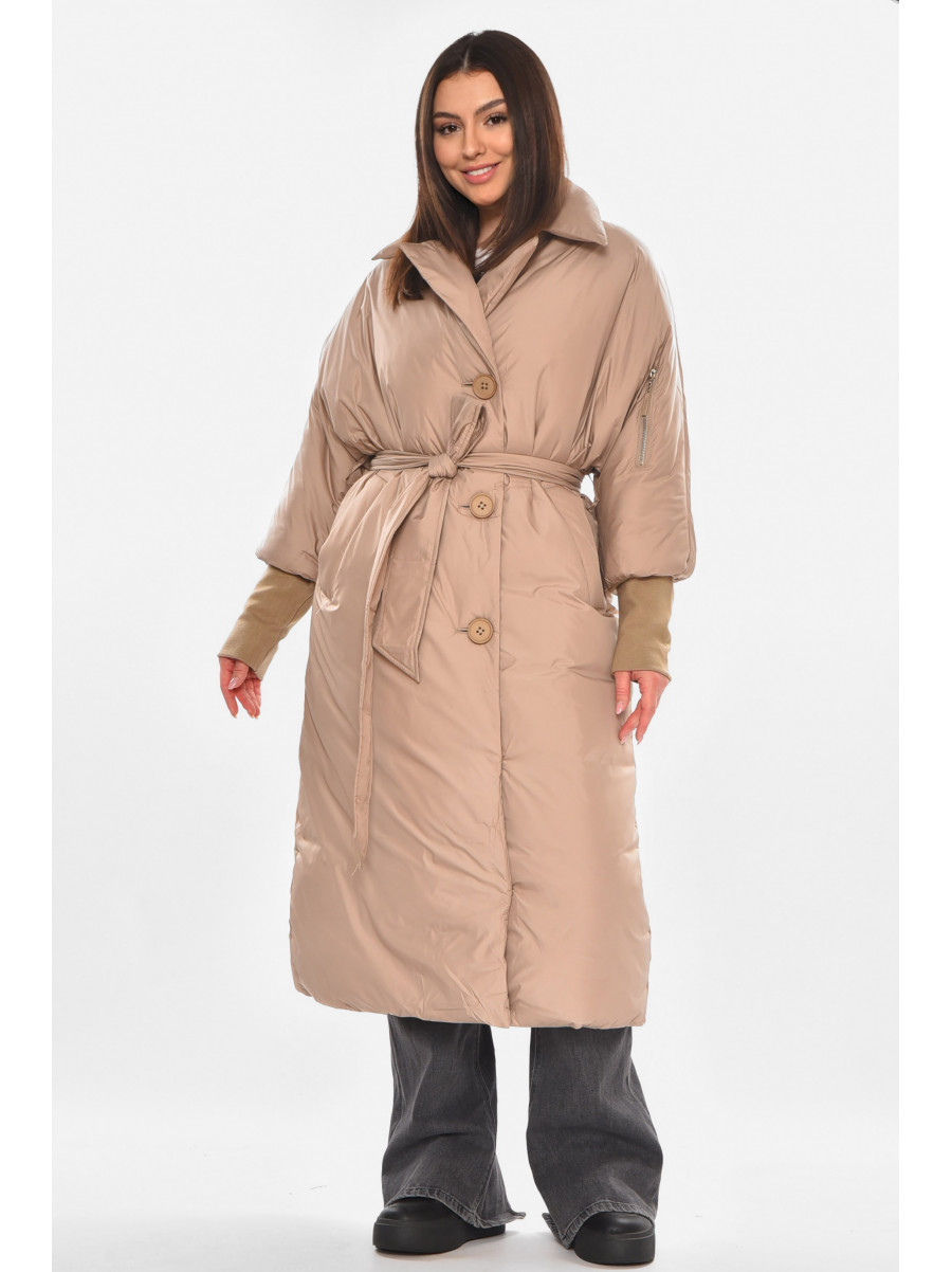Куртка женская демисезонная удлиненная  темно-бежевого  цвета 5611 210649C