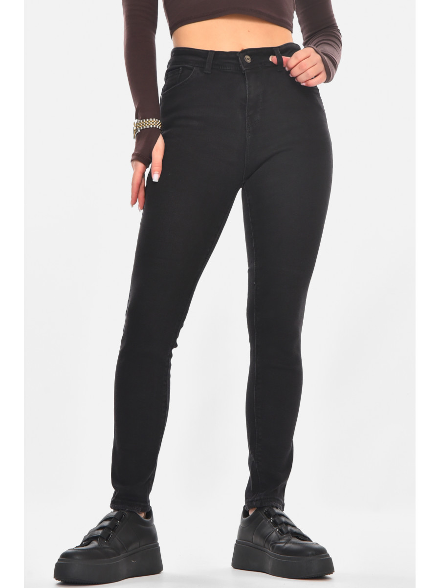 Джинсы женские однотонные черного цвета с небольшим флисом 5491 210745C