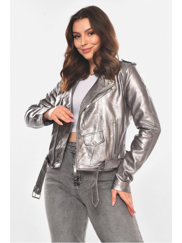 Куртка-косуха женская из экокожи серебристого цвета 1607 210824C