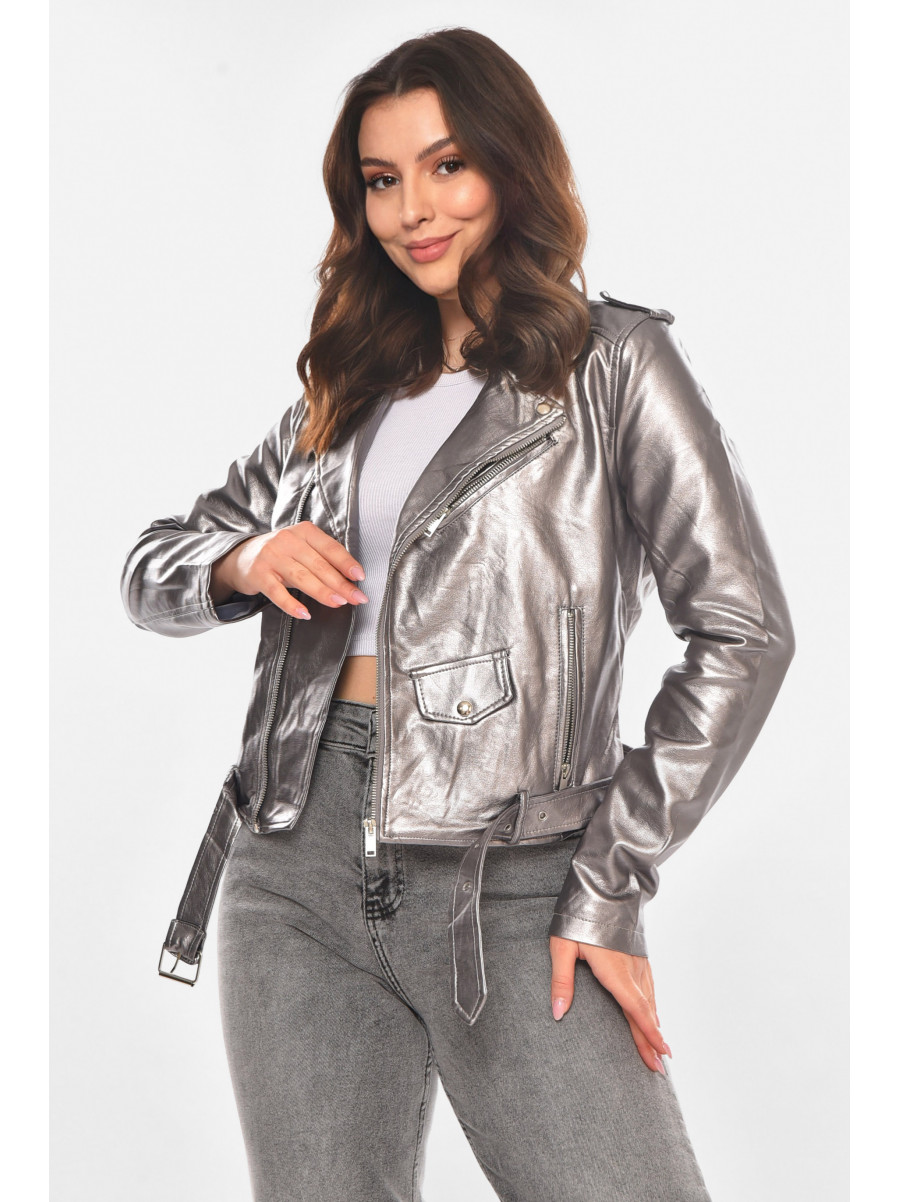 Куртка-косуха женская из экокожи серебристого цвета 1607 210824C