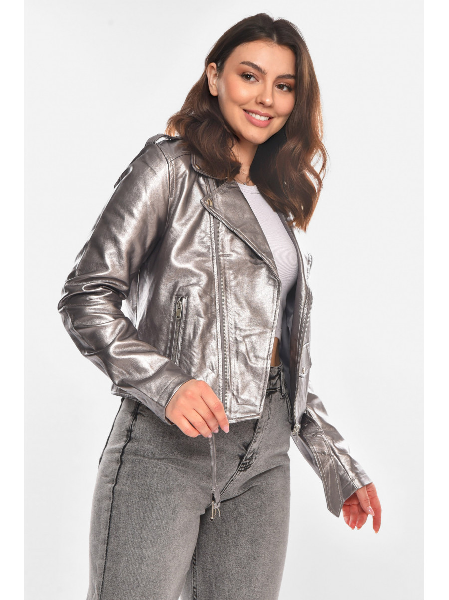 Куртка-косуха женская из экокожи серебристого цвета 1607 210824C