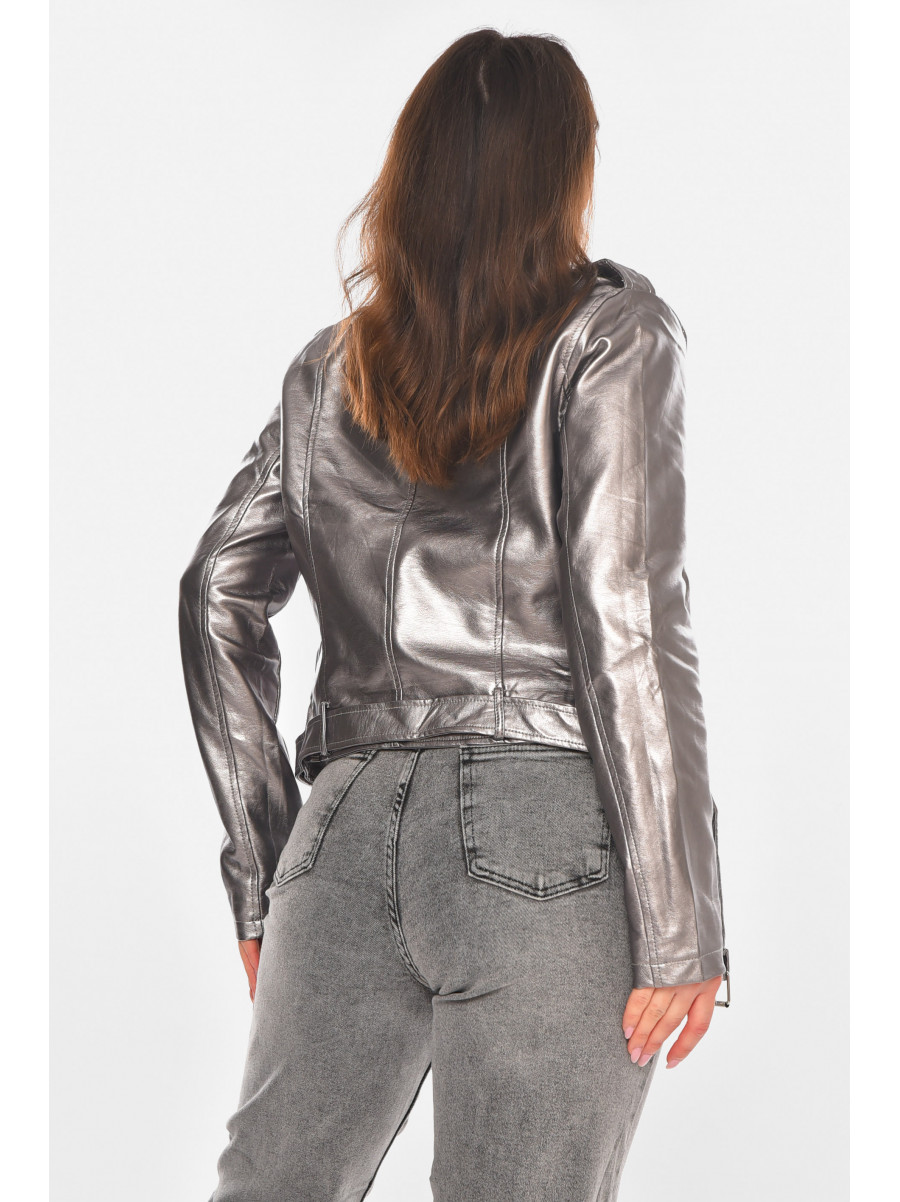 Куртка-косуха женская из экокожи серебристого цвета 1607 210824C