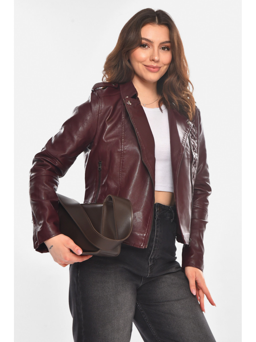 Куртка-косуха женская из экокожи бордового цвета 1816 210826C