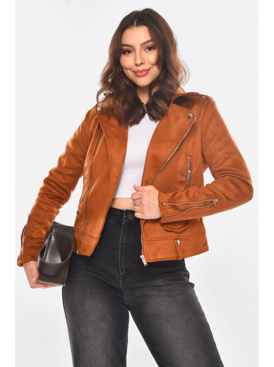 Куртка-косуха женская из экозамши светло-коричневого цвета 1944 210838C