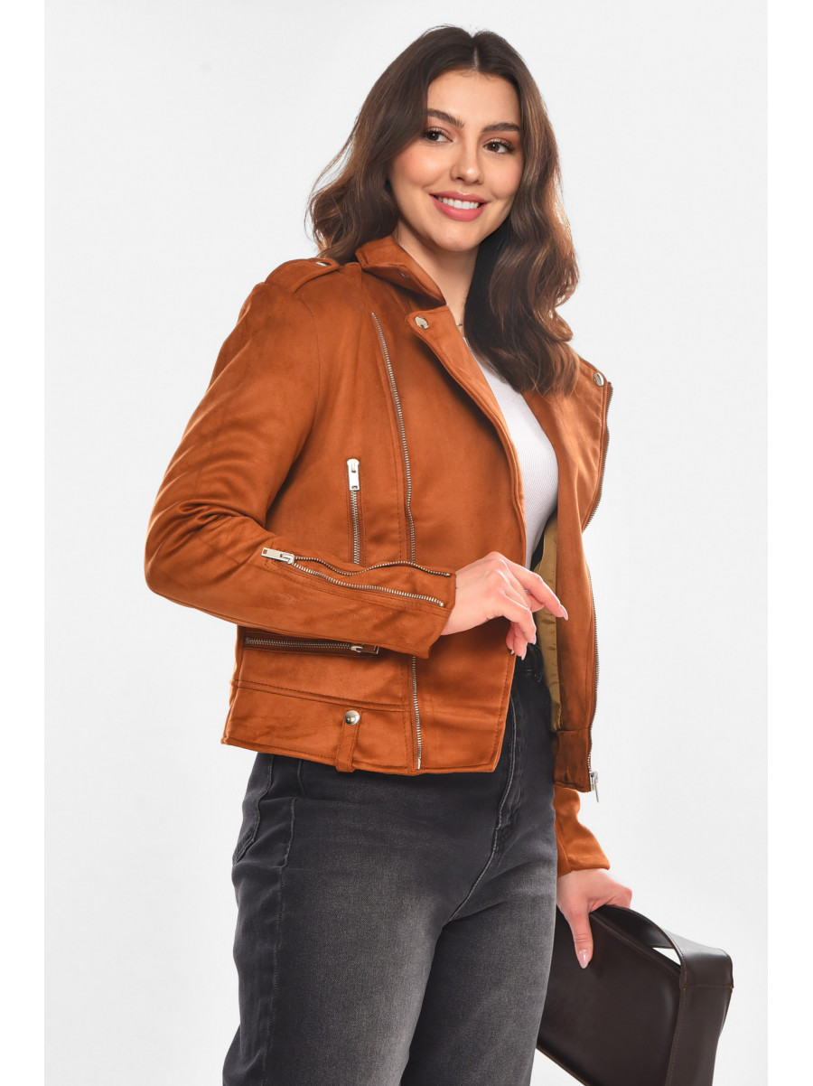 Куртка-косуха женская из экозамши светло-коричневого цвета 1944 210838C