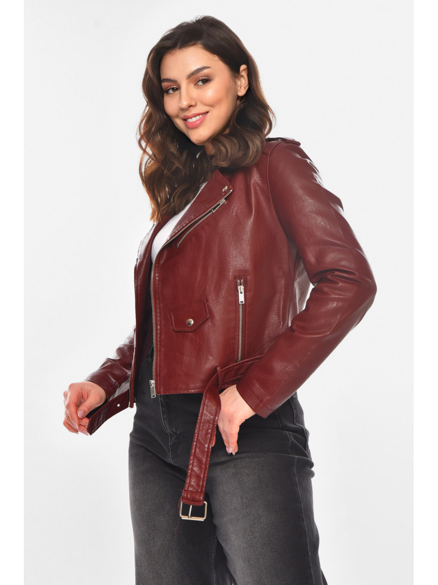 Куртка-косуха женская из экокожи бордового цвета 1607 210840C