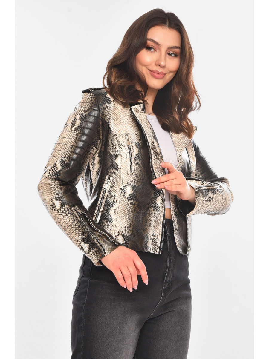 Куртка-косуха женская из экокожи черно-белого цвета 1904-2 210848C