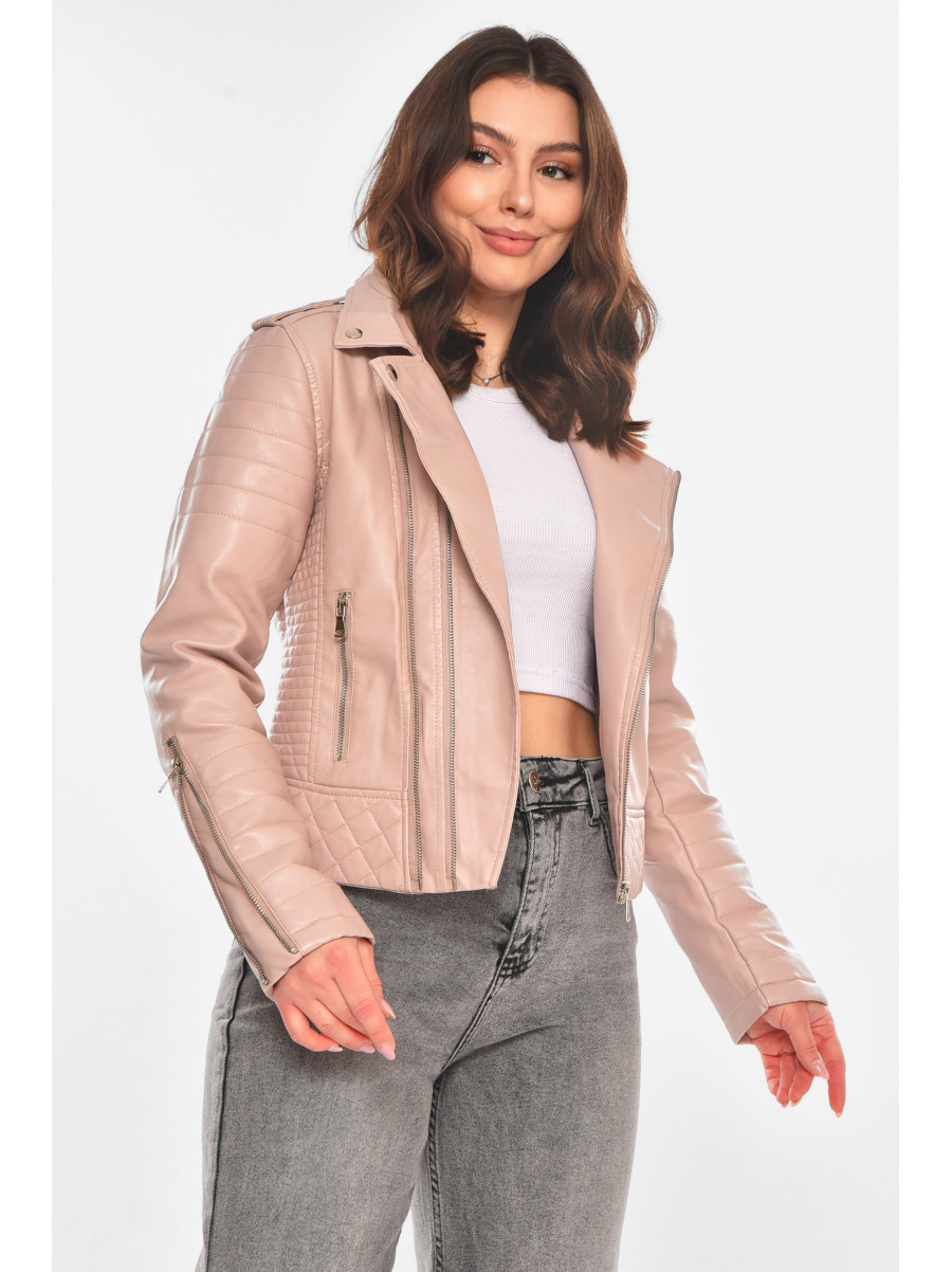 Куртка-косуха жіноча з екошкіри пудрового кольору 210850C