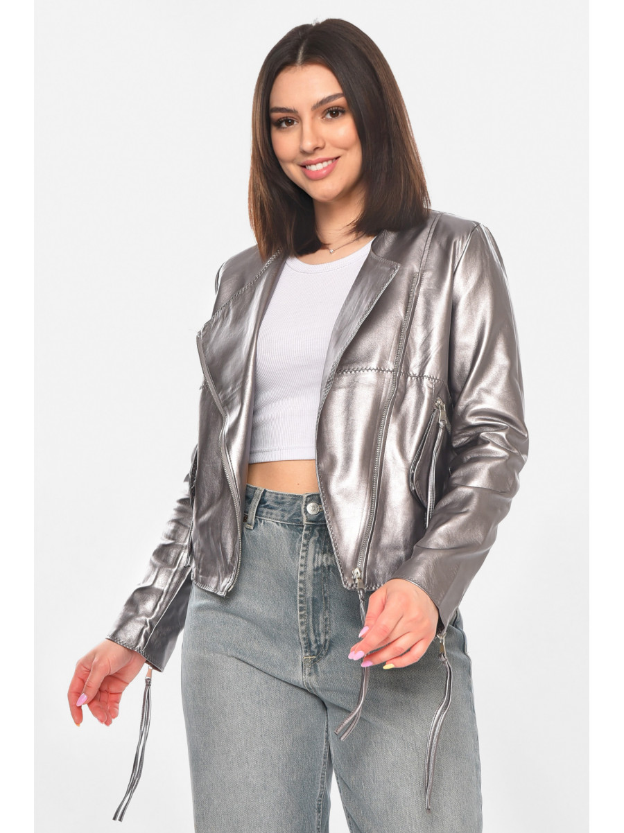 Куртка-косуха женская из экокожи серебристого цвета 1555 210896C