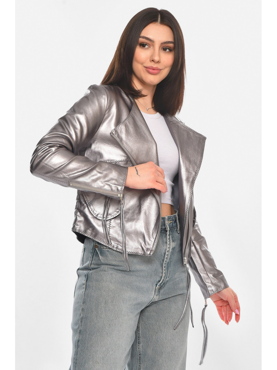 Куртка-косуха женская из экокожи серебристого цвета 1555 210896C