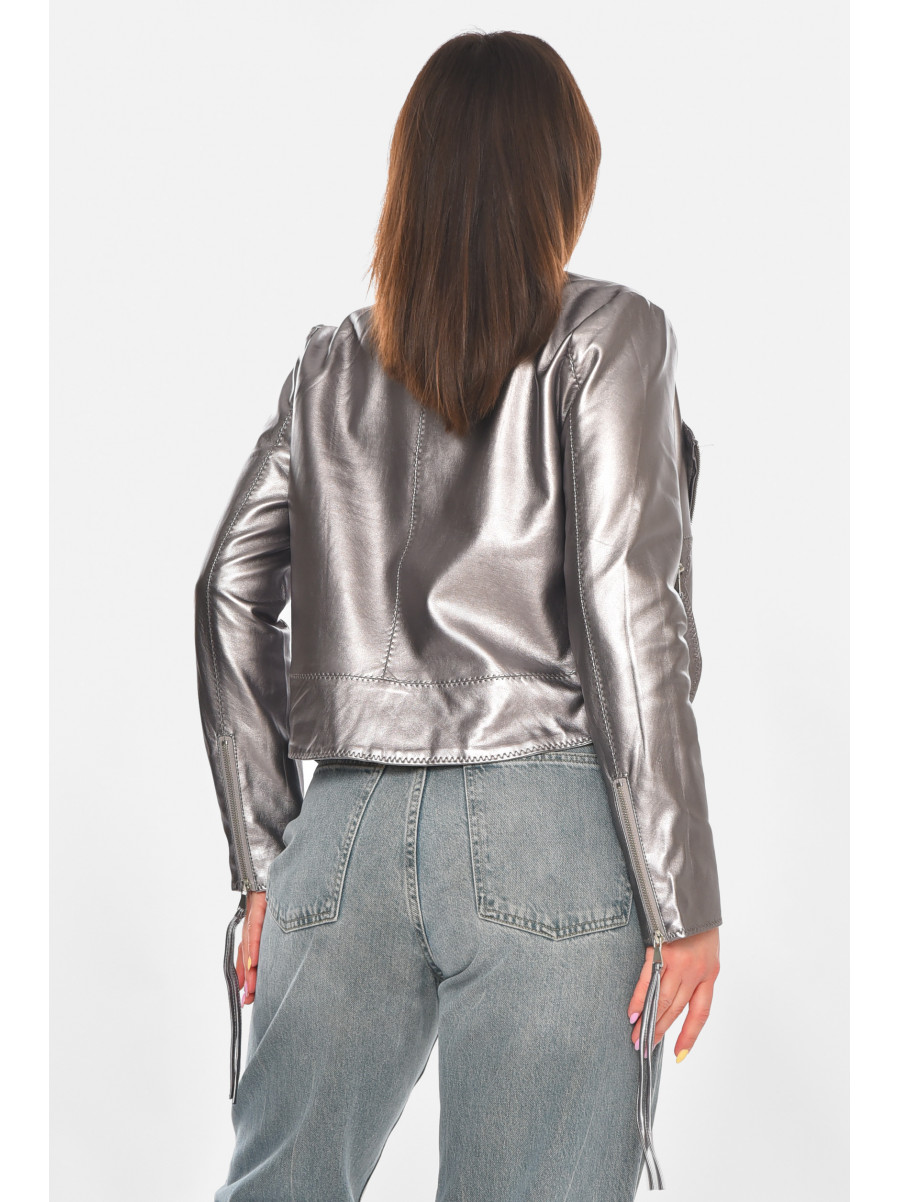 Куртка-косуха женская из экокожи серебристого цвета 1555 210896C