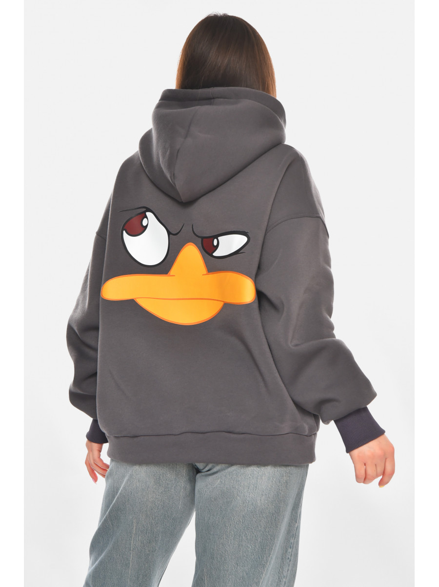 Худі жіноче на флісі темно-сірого кольору з принтом 001 211059C