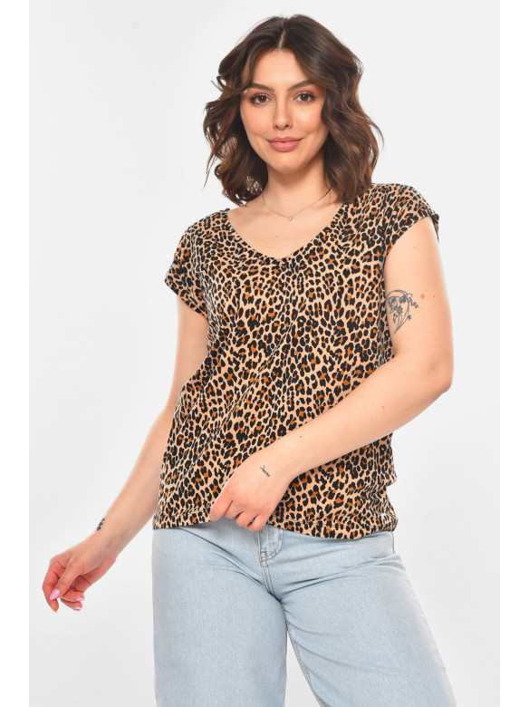Футболка женская бежевого цвета с леопардовым принтом 211177C