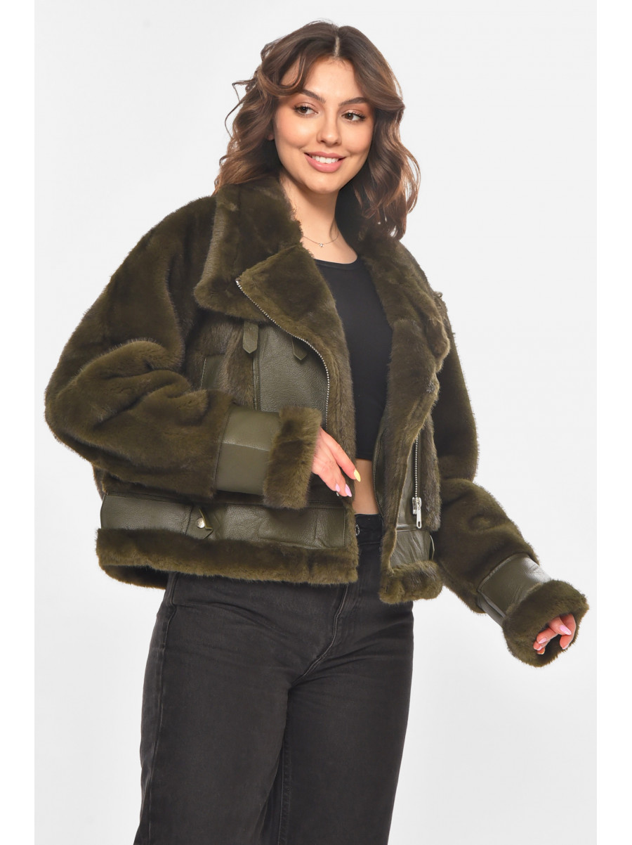 Дублёнка женская однотонная цвета хаки F2411 211197C