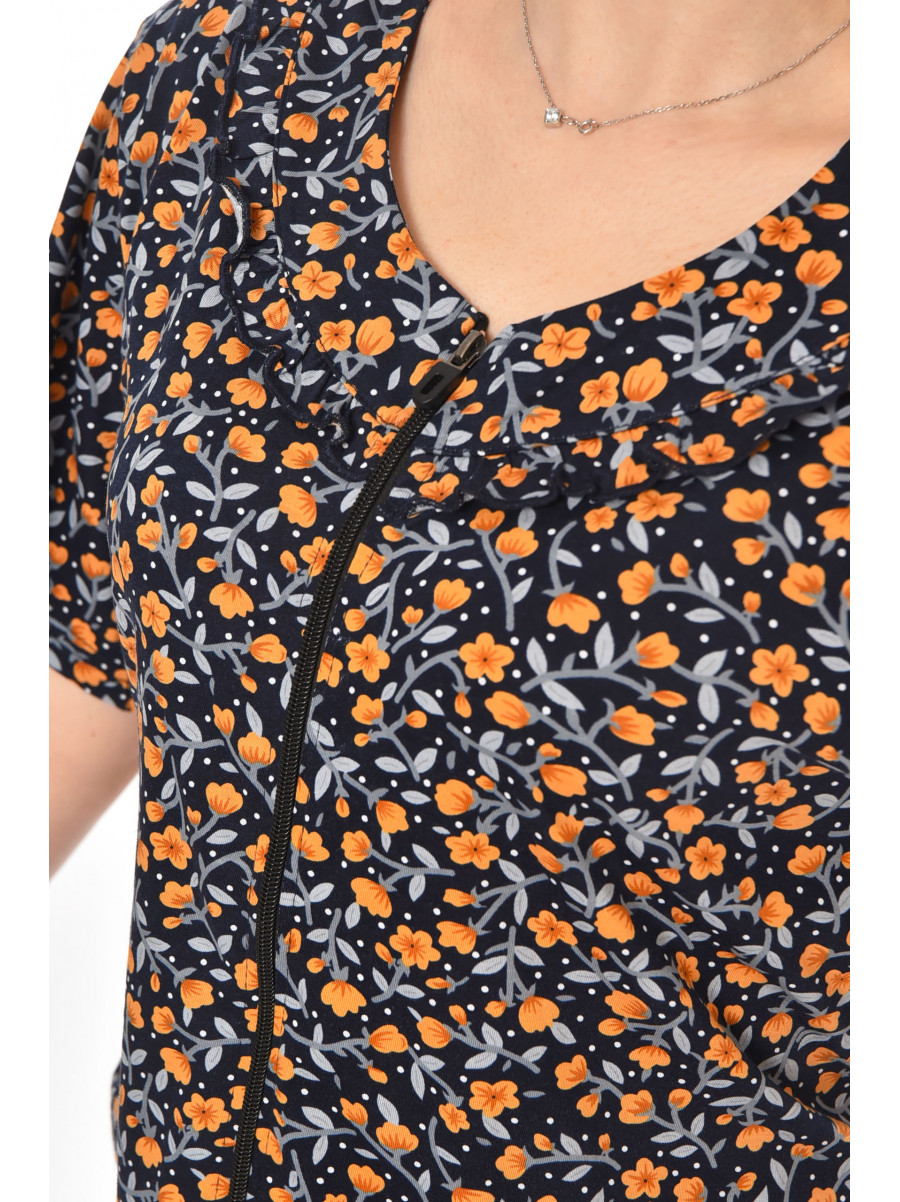 Халат женский полубатальный тёмно-синего цвета с принтом AN-3081 211315C