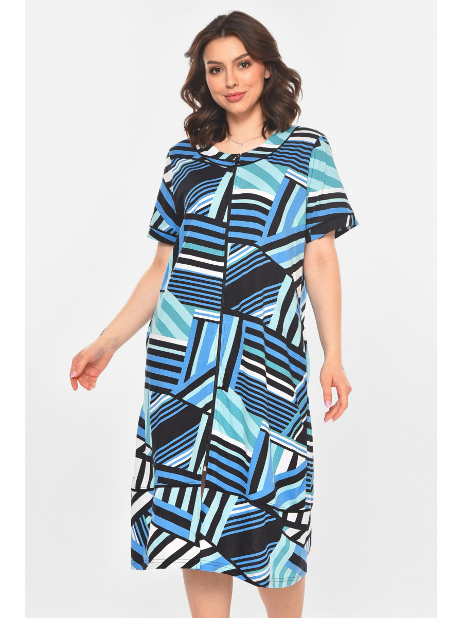 Халат женский полубатальный черного цвета с принтом AN-3387 211320C