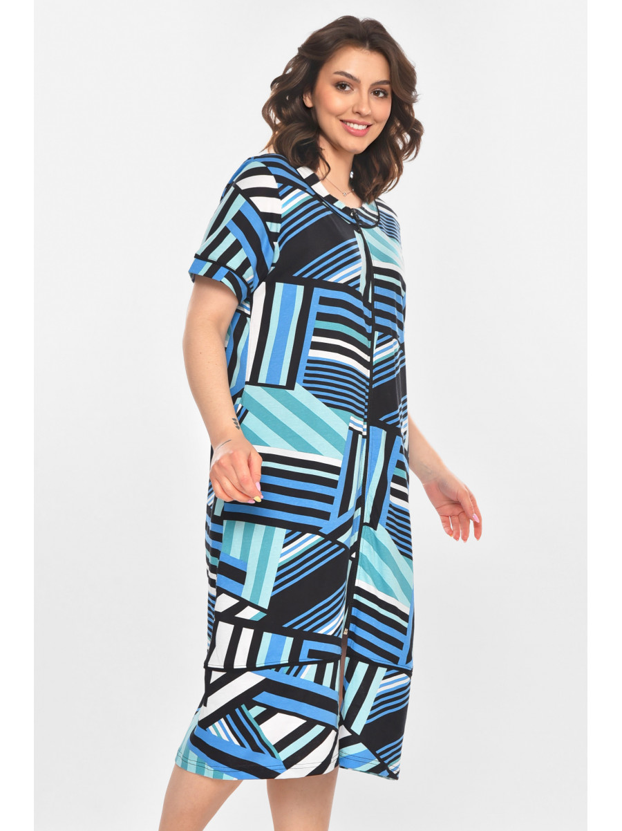 Халат женский полубатальный черного цвета с принтом AN-3387 211320C