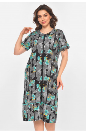 Халат женский полубатальный черного цвета с принтом AN-3387 211322C