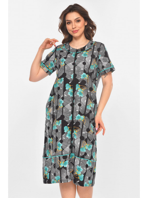 Халат женский полубатальный черного цвета с принтом AN-3387 211322C