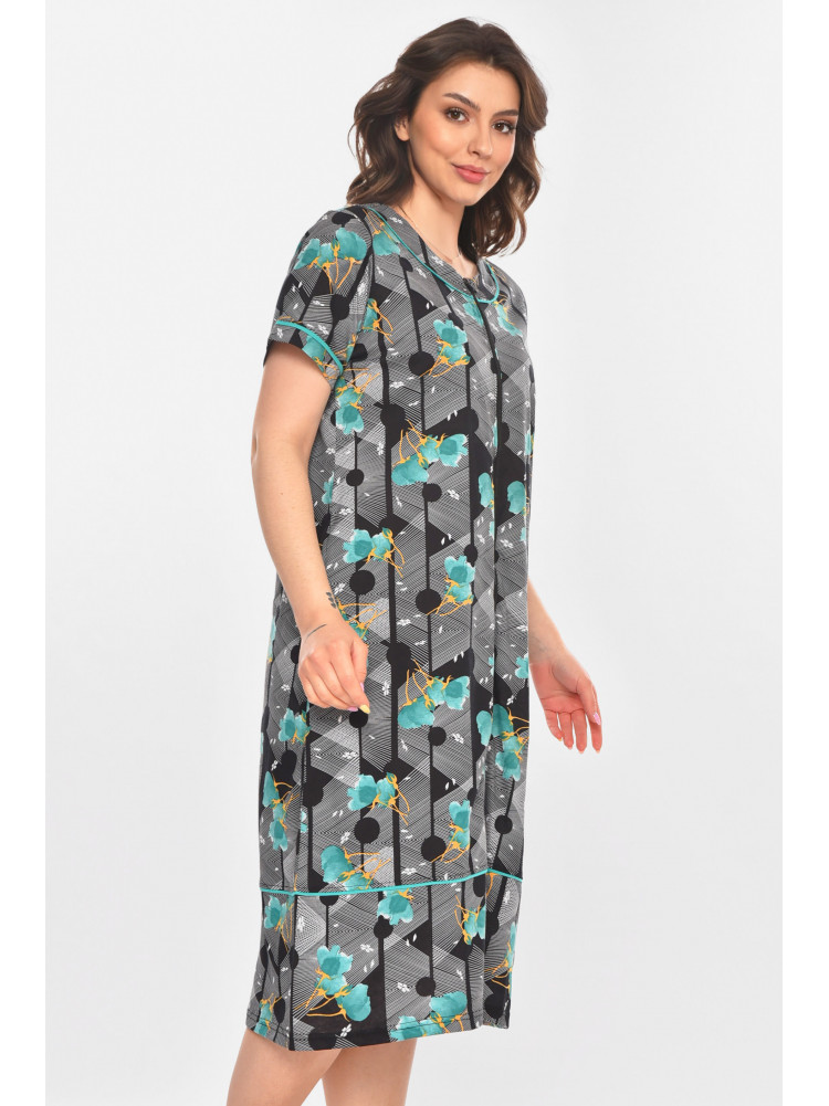 Халат женский полубатальный черного цвета с принтом AN-3387 211322C