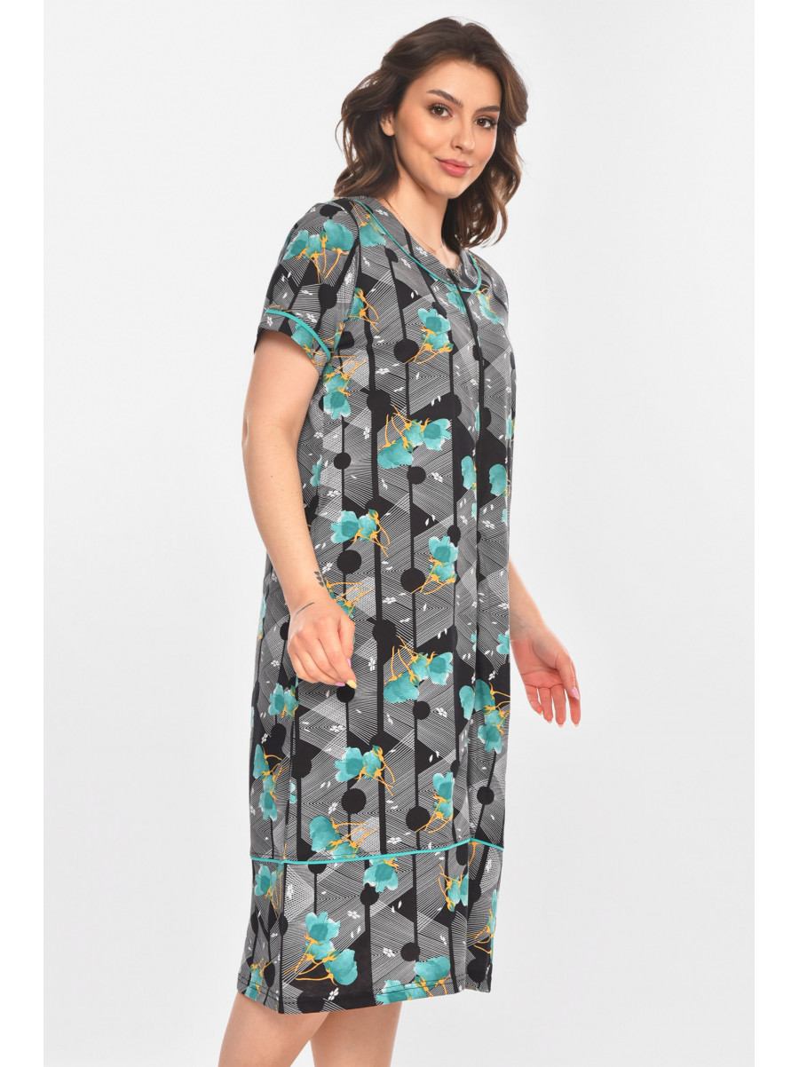 Халат женский полубатальный черного цвета с принтом AN-3387 211322C