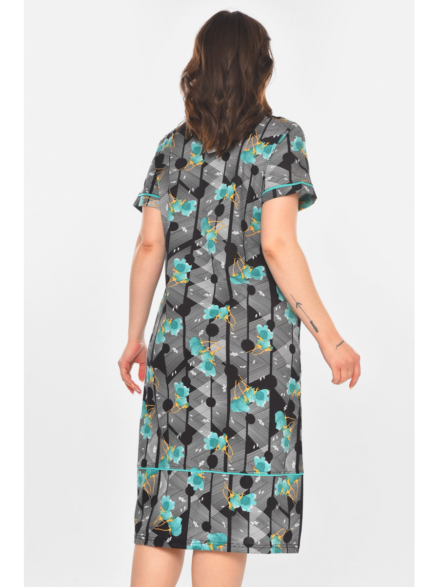 Халат женский полубатальный черного цвета с принтом AN-3387 211322C