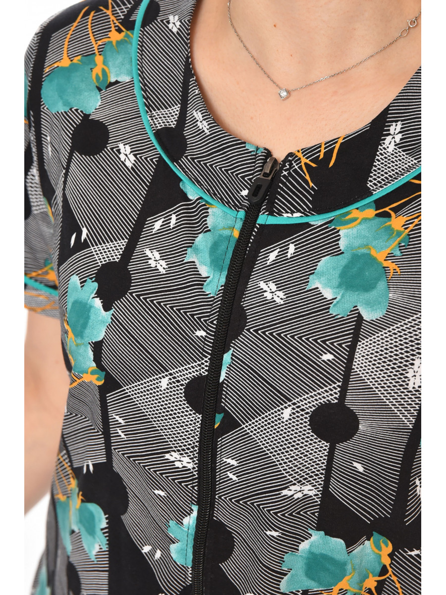 Халат женский полубатальный черного цвета с принтом AN-3387 211322C