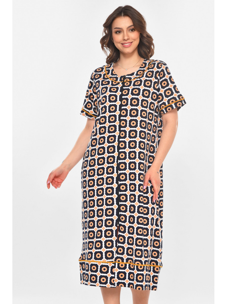 Халат женский полубатальный тёмно-синего цвета с принтом AN-3386 211338C