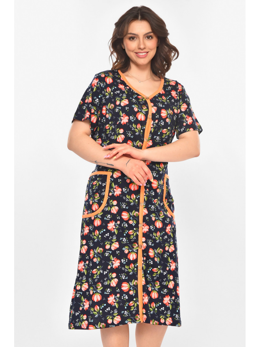 Халат женский полубатальный тёмно-синего цвета с принтом AN-3040 211345C