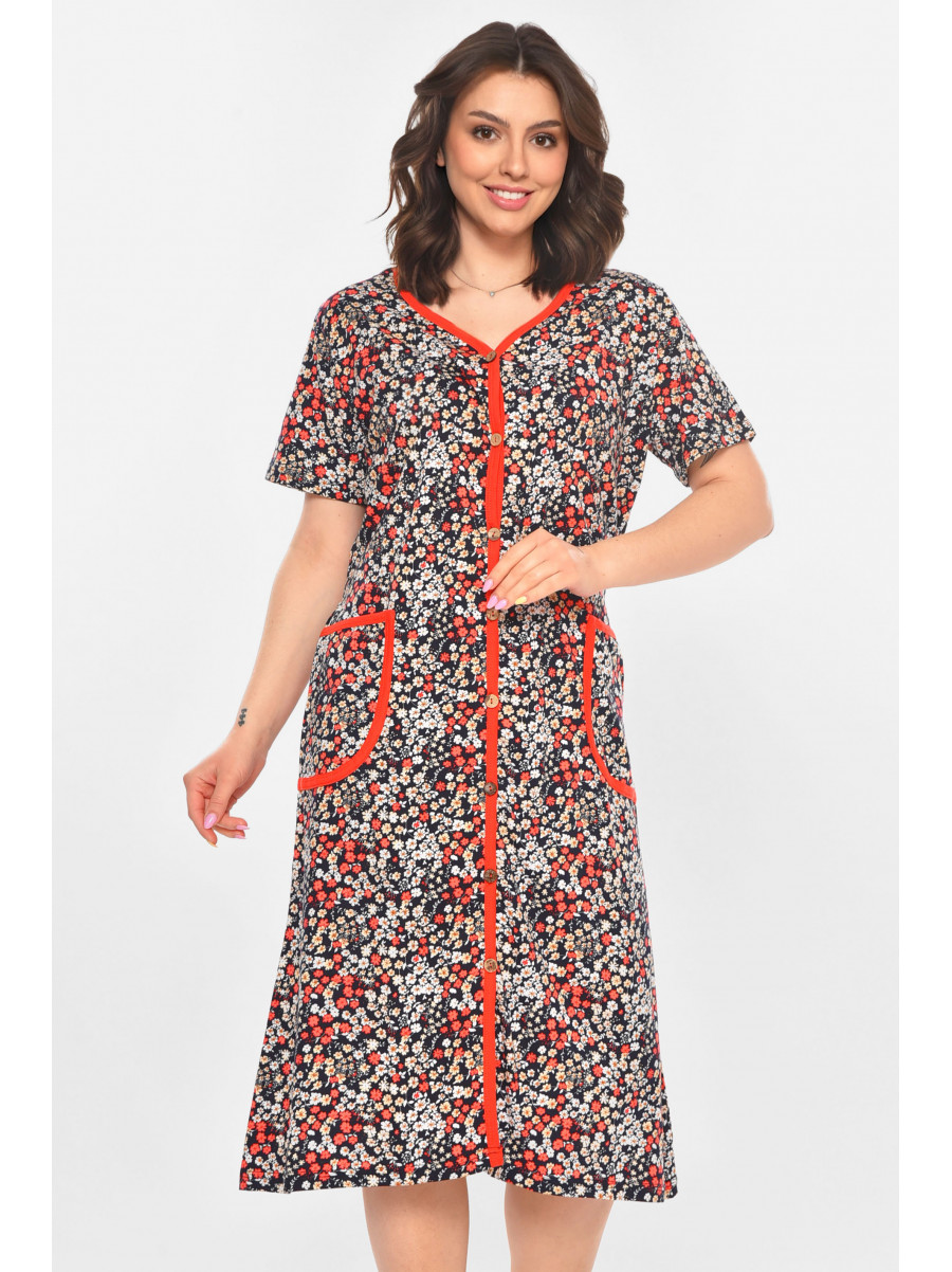 Халат женский полубатальный тёмно-синего цвета с принтом AN-3040 211346C