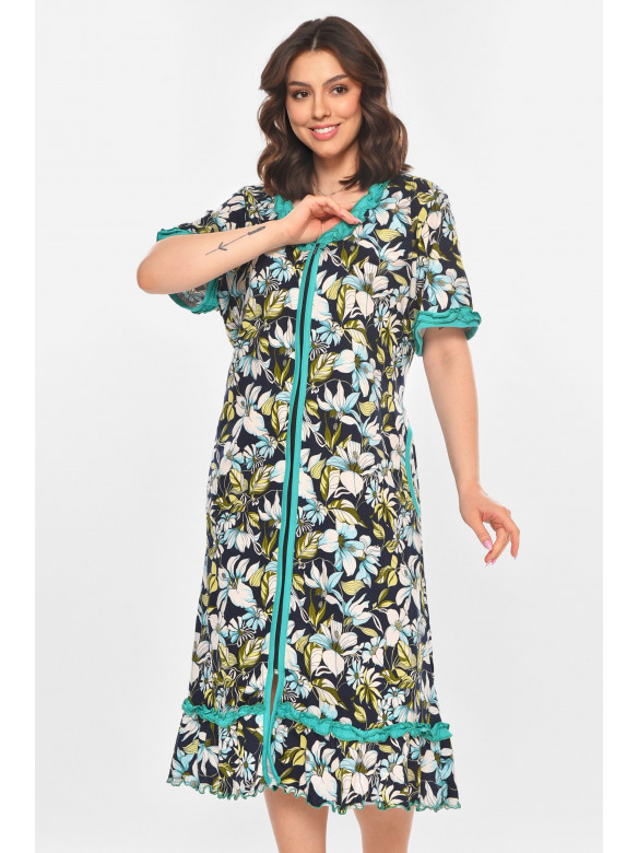 Халат женский полубатальный тёмно-синего цвета с принтом AN-3110 211348C