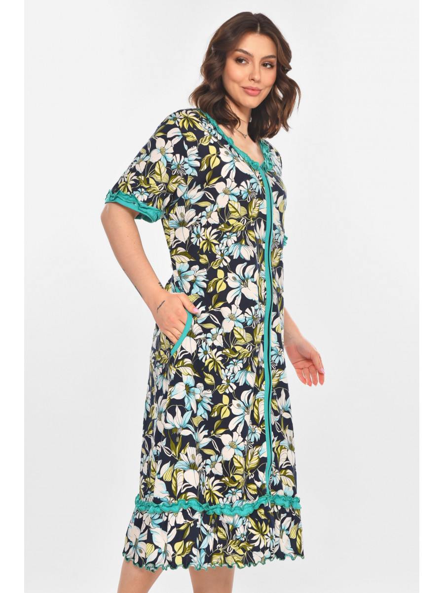 Халат женский полубатальный тёмно-синего цвета с принтом AN-3110 211348C